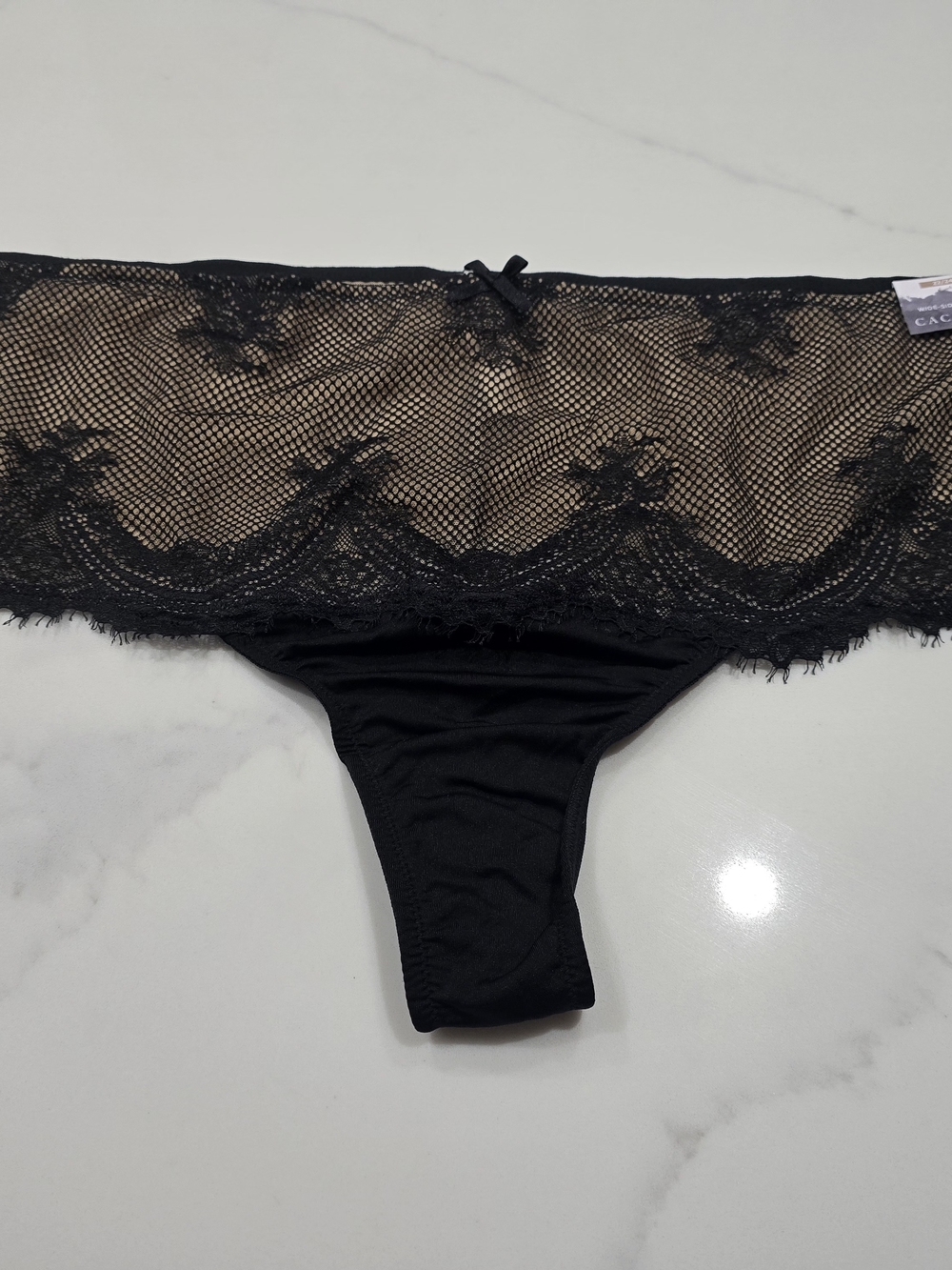Cacique Wide-Side Thong Panty Black Mesh Lace Trim Size 22/24 NWT Plus Size